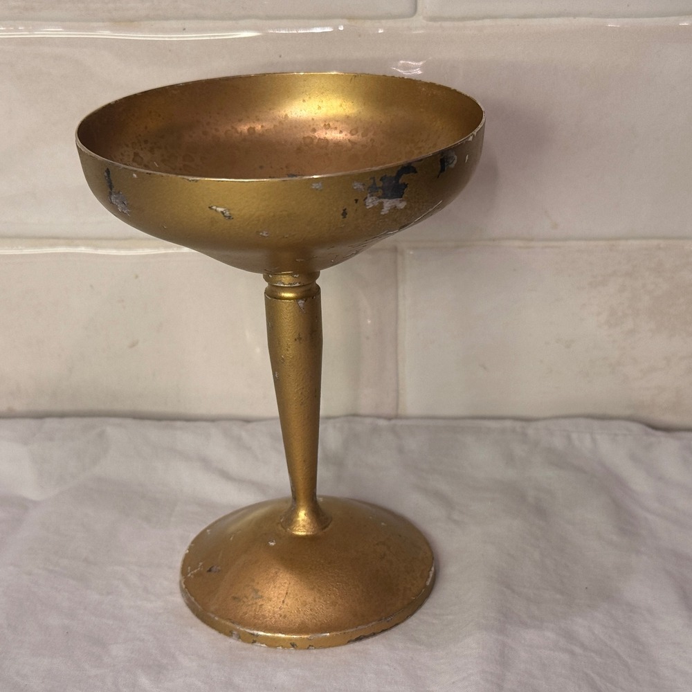 Vintage Roma SL Spain Brass Tone Metal Pedestal Compote Bowl Dish Distressed